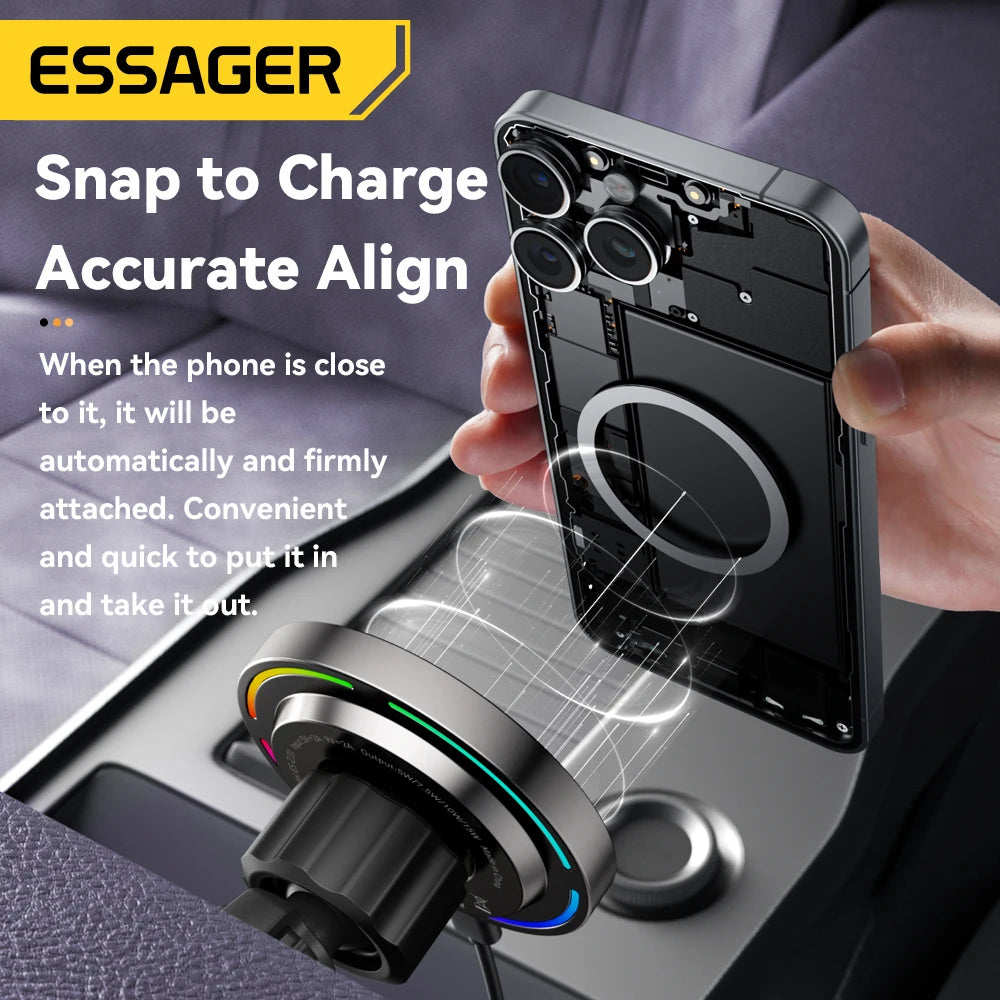 Carregador Veicular Magnético Essager 15W com Suporte Ajustável 360°
