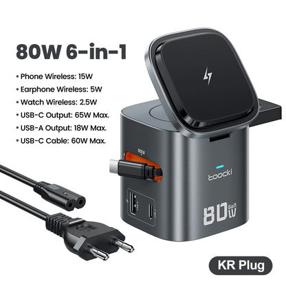 Estação de Carregamento Toocki 80W 6 em 1 com GaN para Magsafe 15W e Cabo Retrátil 60W