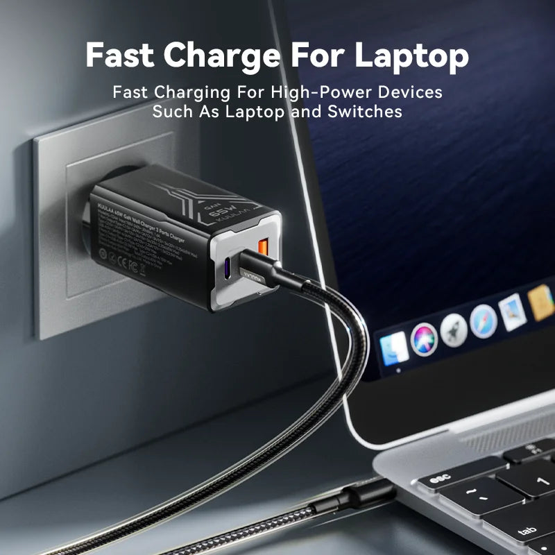 Carregador KUULAA 65W GaN - Carregamento Rápido 4.0 e 3.0 para iPhone 15, 14, 13 Pro Max e Laptops
