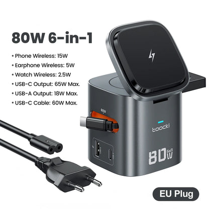 Estação de Carregamento Toocki 80W 6 em 1 com GaN para Magsafe 15W e Cabo Retrátil 60W