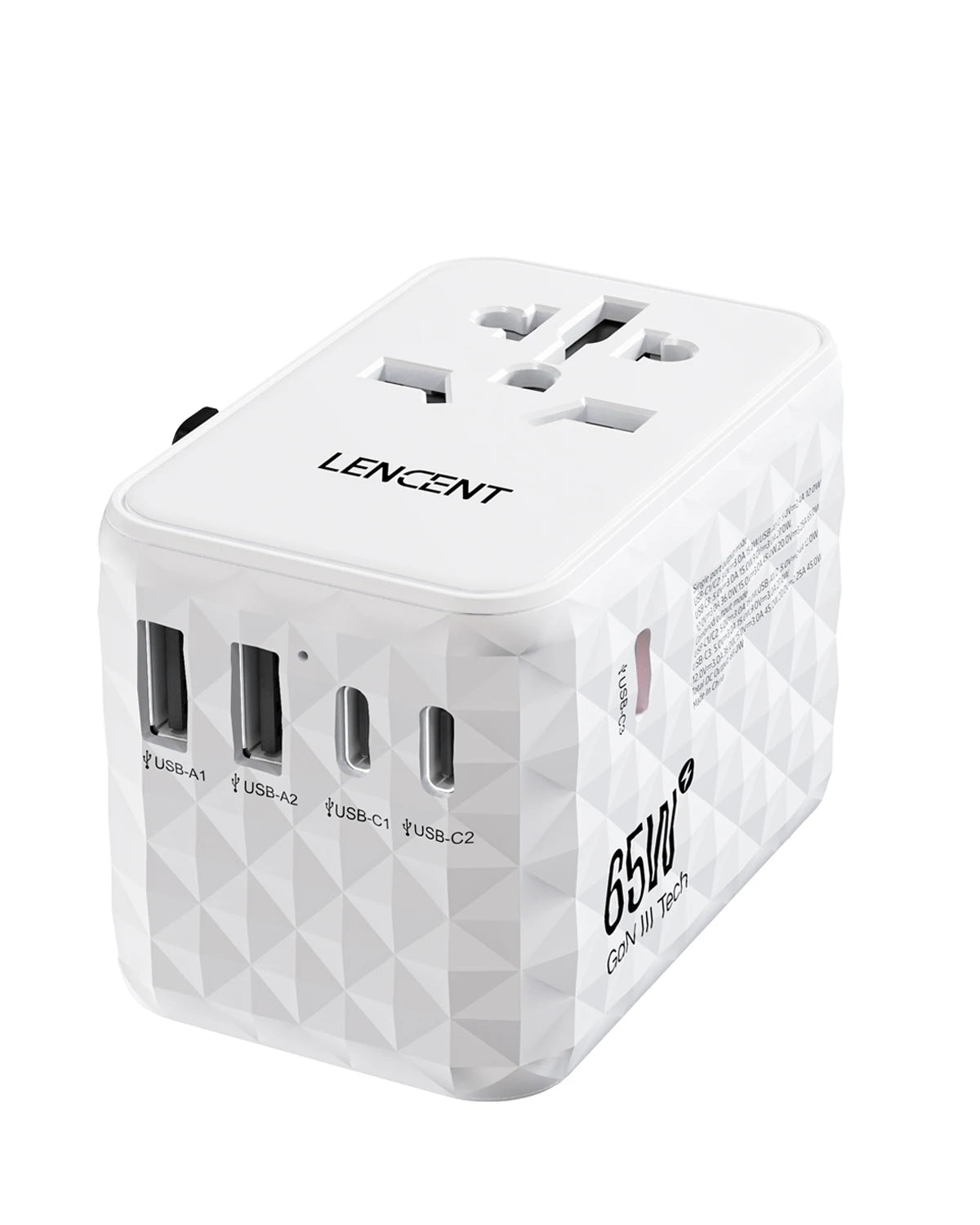 Adaptador de Viagem Universal LENCENT 65W GaN com 2 USB e 3 Type C - Carregador Rápido para EU