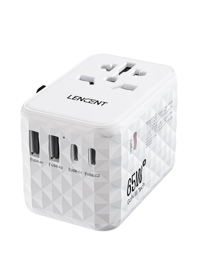 Adaptador de Viagem Universal LENCENT 65W GaN com 2 USB e 3 Type C - Carregador Rápido para EU