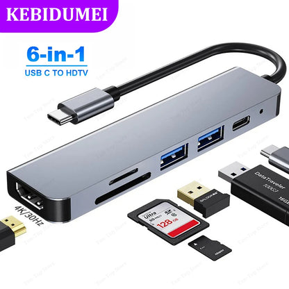 Hub USB-C 6 em 1 - Adaptador Tipo C 3.0 com Saída 4K HDMI, Leitor de Cartões SD/TF e Carregamento Rápido PD