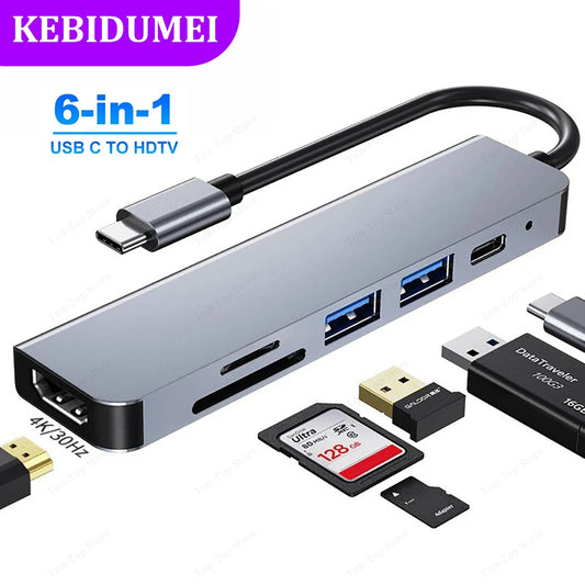 Hub USB-C 6 em 1 - Adaptador Tipo C 3.0 com Saída 4K HDMI, Leitor de Cartões SD/TF e Carregamento Rápido PD