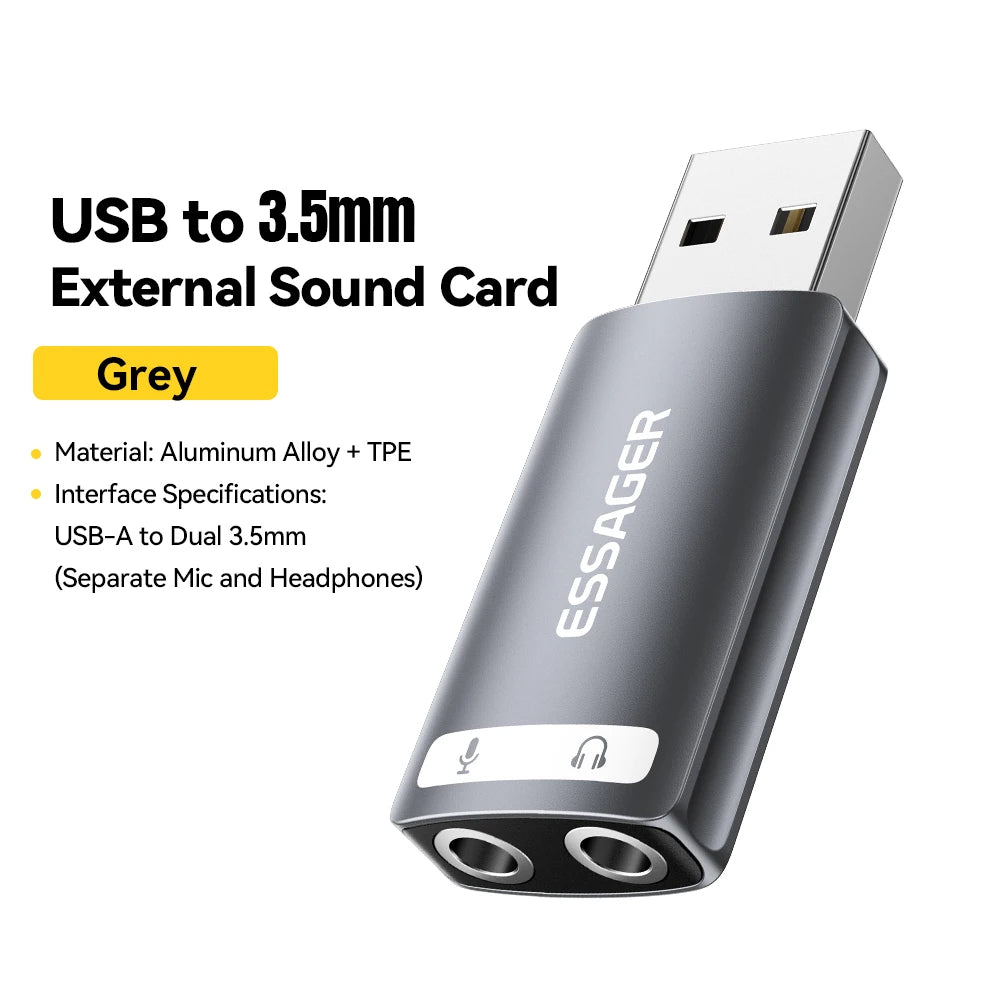 Adaptador de Áudio USB Essager para Fones de Ouvido e Microfone 3.5mm