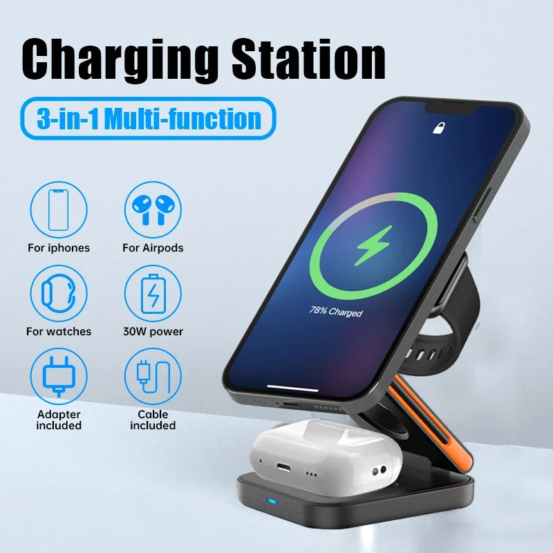Estação de Carregamento 3 em 1 Dobrável com Carregador Sem Fio Magnético Rápido para iPhone, Apple Watch e AirPods