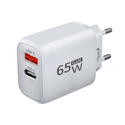 Carregador Rápido PD 65W GaN 2 em 1 - Plugue EU com Duas Portas USB Type C