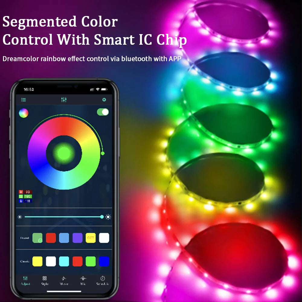 Fita de LED WS2812 Dream com Controle APP - Conjunto Completo com Fonte de Alimentação e Controle Remoto