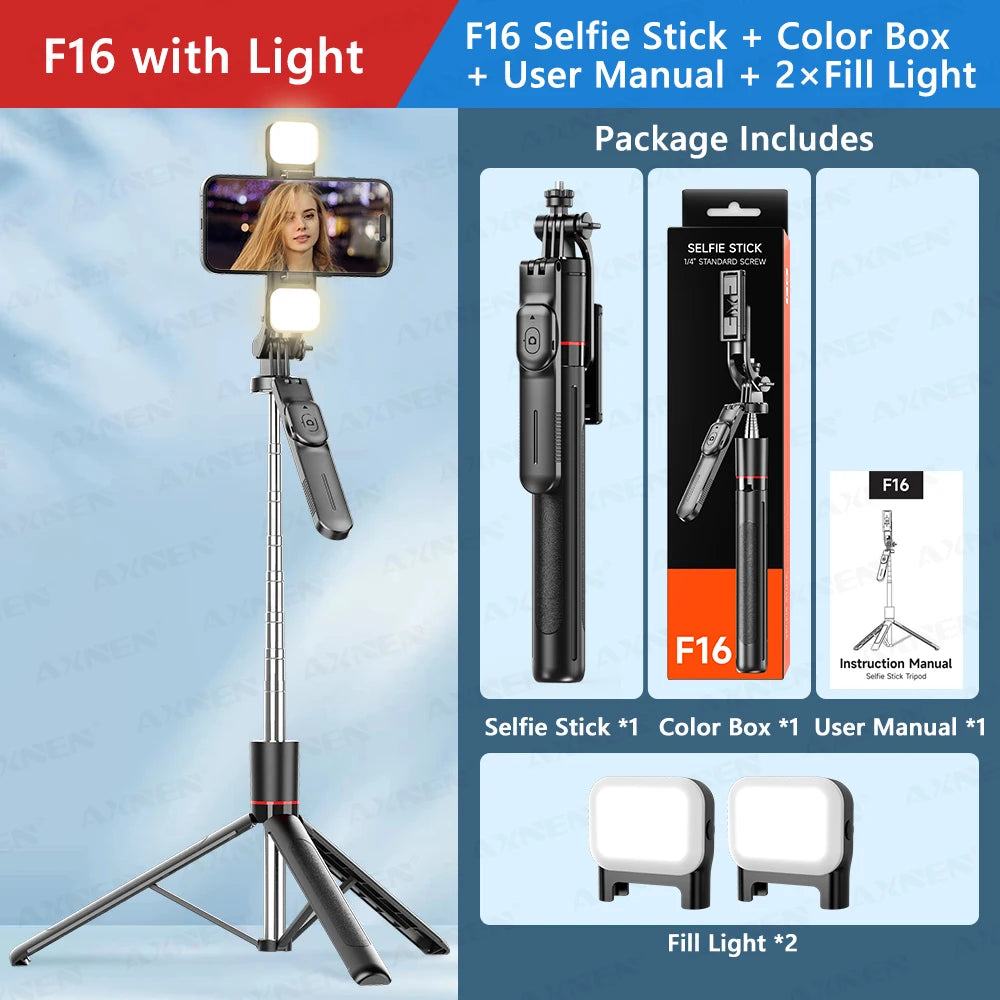 F16 Bastão de Selfie Tripé com 1708mm de Comprimento, 8 Seções, Controle Remoto Bluetooth, Rotação 360°, Interface 1/4 para Câmera de Smartphone e Vlog