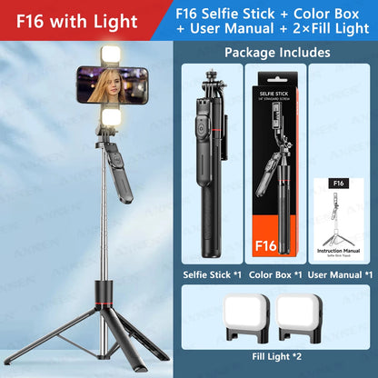 F16 Bastão de Selfie Tripé com 1708mm de Comprimento, 8 Seções, Controle Remoto Bluetooth, Rotação 360°, Interface 1/4 para Câmera de Smartphone e Vlog