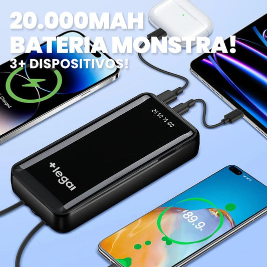 Carregador Portátil 20000mAh com 4 Saídas USB e Tela LED - Ideal para Viagens Longas