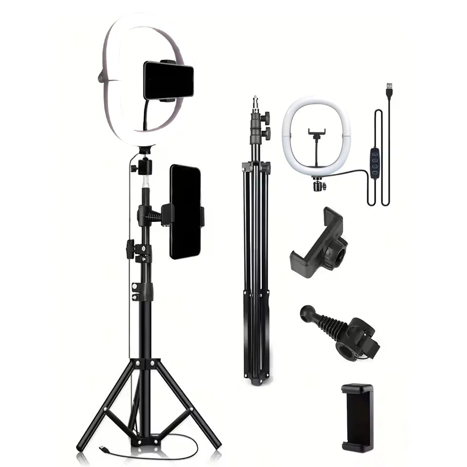 Ring Light LED de 10 Polegadas com Tripé Dobrável de 1,1m + O-Clamp - Iluminação Perfeita para Fotografia, Transmissões Ao Vivo e Maquiagem