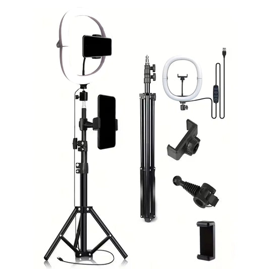 Ring Light LED de 10 Polegadas com Tripé Dobrável de 1,1m + O-Clamp - Iluminação Perfeita para Fotografia, Transmissões Ao Vivo e Maquiagem