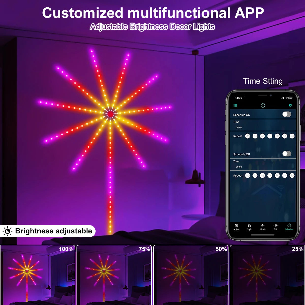 Fita de Luz LED RGBIC Firework com Controle por APP Bluetooth - Iluminação Neon para Decoração de Quarto