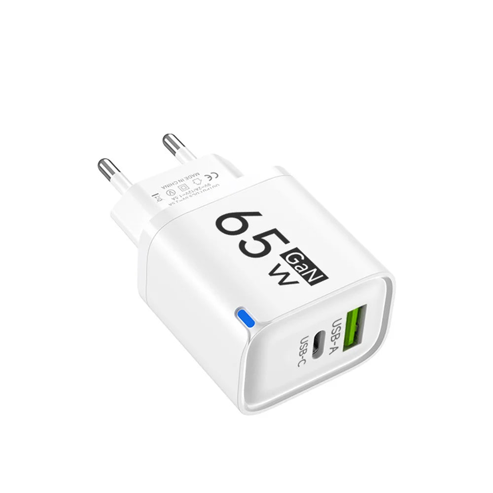 Carregador Rápido 65W GaN Type C com Duas Portas - Adaptador de Energia para Celulares