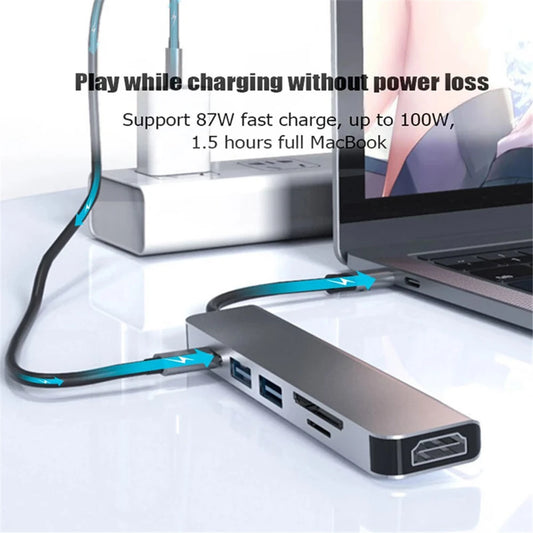 Hub USB-C 6 em 1 - Adaptador Tipo C 3.0 com Saída 4K HDMI, Leitor de Cartões SD/TF e Carregamento Rápido PD