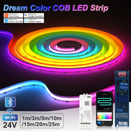 Fita de LED COB RGB Endereçável 1-25M 24V WS2811 com Controle Tuya WiFi