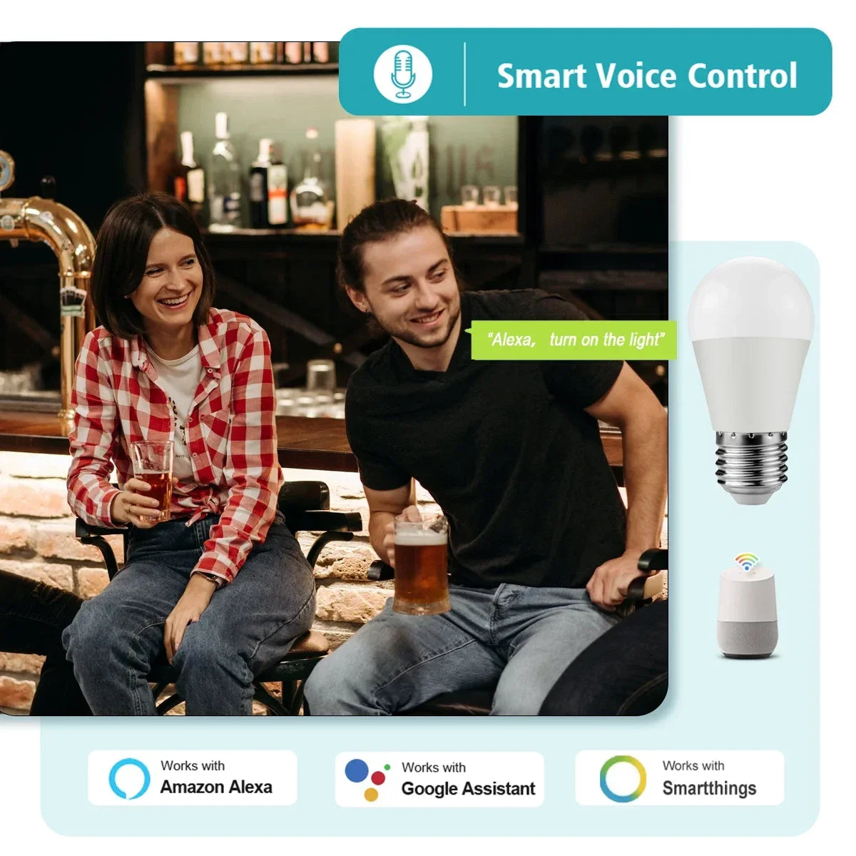 Lâmpada Inteligente RGB Dimmable Tuya - Conectividade Wi-Fi e Compatível com Alexa e Google Home