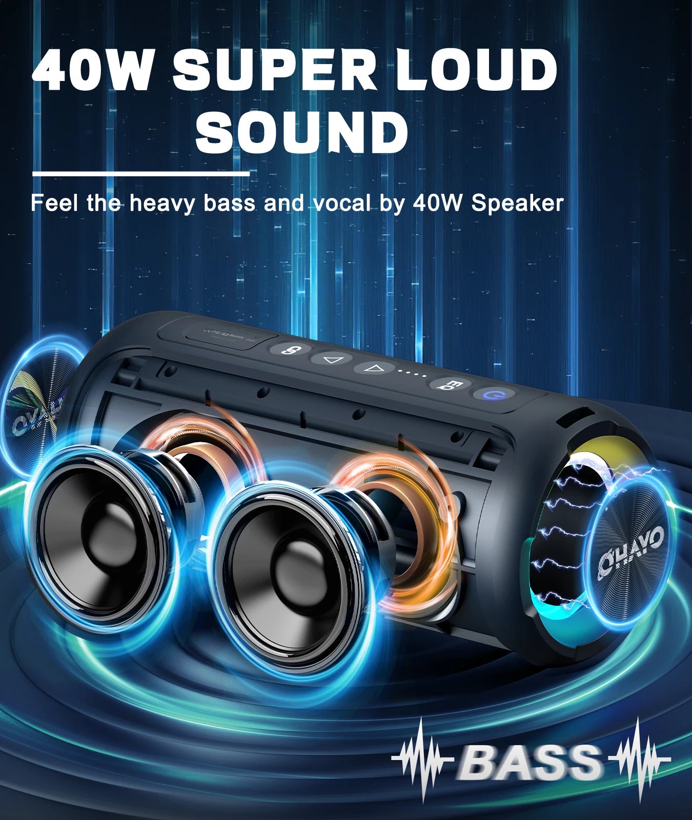 Caixa de Som Ortizan Bluetooth 40W com Bass Potente - À Prova d'Água IP7