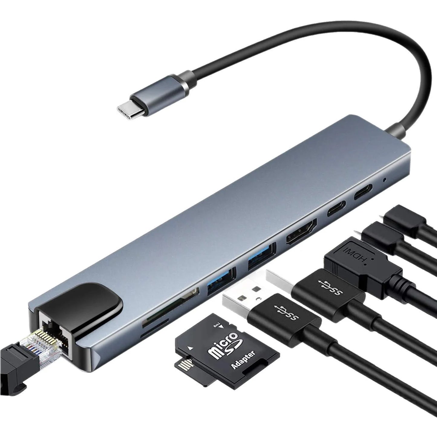 Hub USB-C 8 em 1 - Adaptador Type C 3.1 para 4K HDTV com RJ45 e Leitor de Cartão SD/TF
