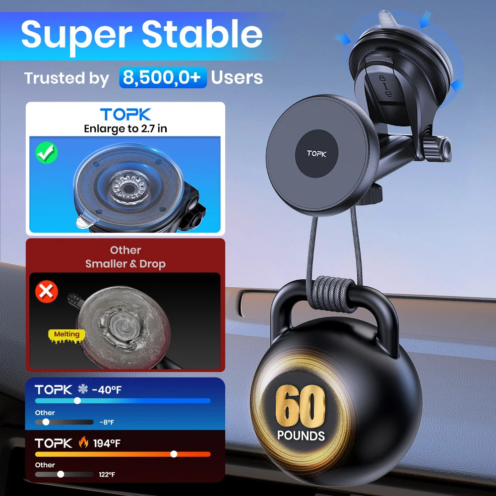 Suporte Magnético para Celular TOPK Mag-Safe - Montagem para Carro com Ventosa Forte e Braço Ajustável