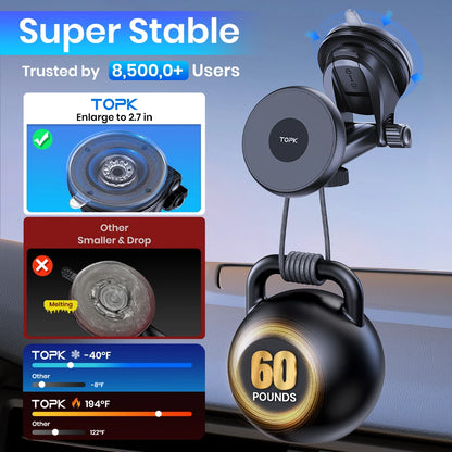 Suporte Magnético para Celular TOPK Mag-Safe - Montagem para Carro com Ventosa Forte e Braço Ajustável