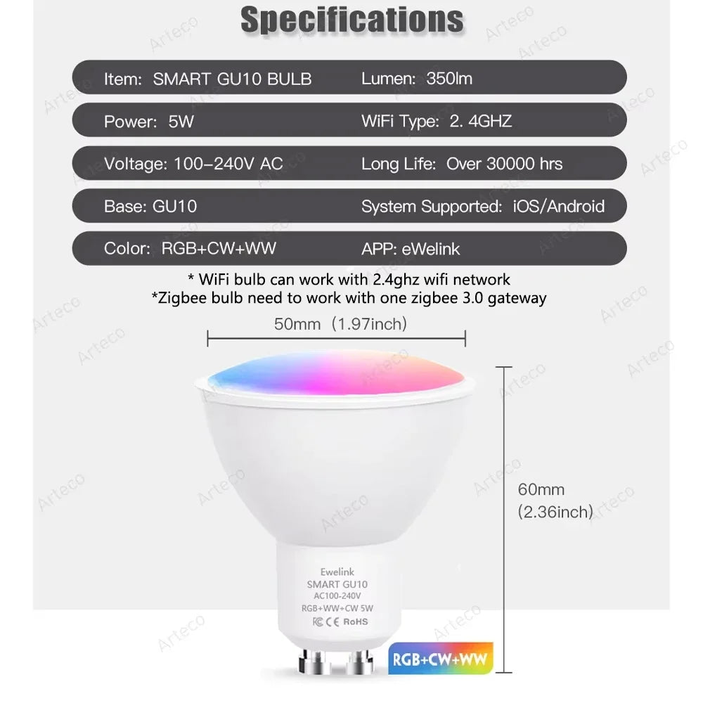 Lâmpada Inteligente LED GU10 Zigbee/WiFi RGB CW WW - Compatível com Alexa e Google