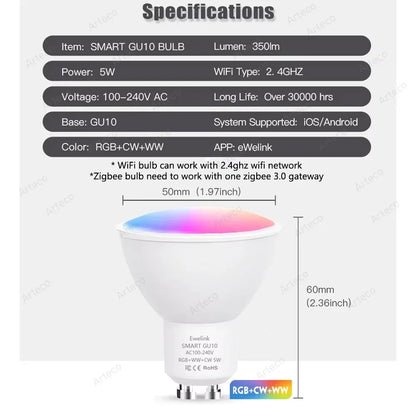 Lâmpada Inteligente LED GU10 Zigbee/WiFi RGB CW WW - Compatível com Alexa e Google