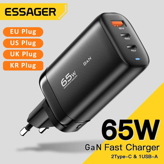 Carregador Essager 65W GaN USB Type C - Potência e Rapidez para Seu Laptop e Dispositivos