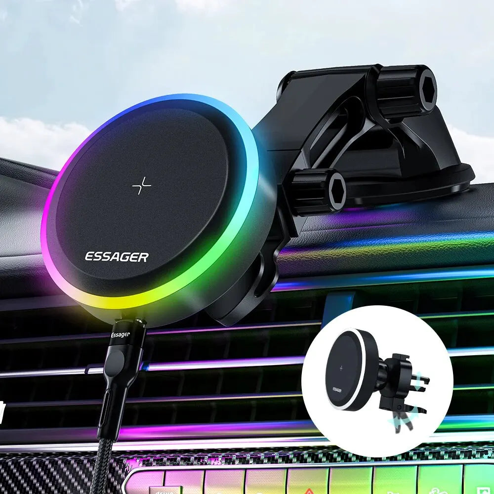 Suporte Magnético para Celular Essager RGB com Carregador Sem Fio Qi 15W