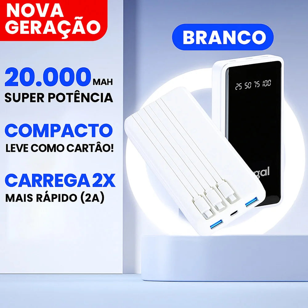 Carregador Portátil 20000mAh com 4 Saídas USB e Tela LED - Ideal para Viagens Longas