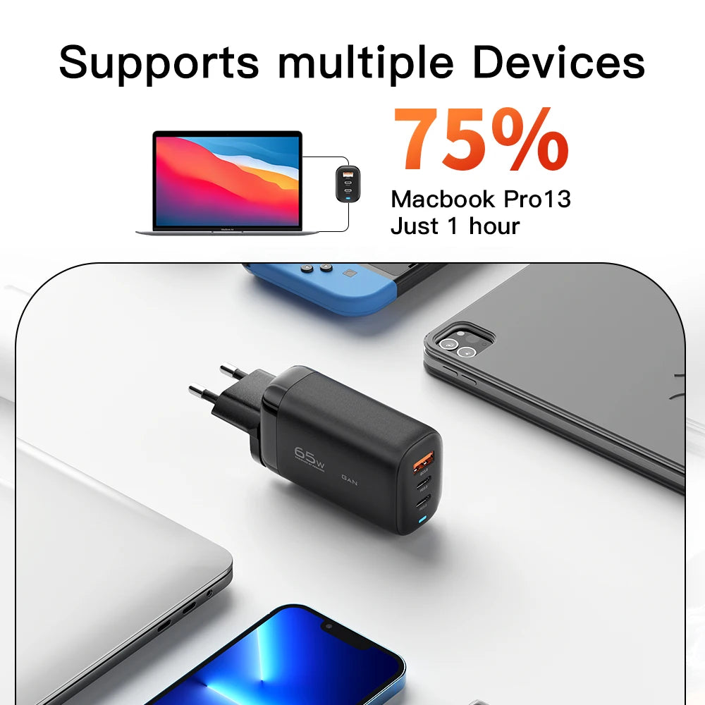 Carregador Essager 65W GaN USB Type C - Carregamento Rápido para Laptops e Smartphones