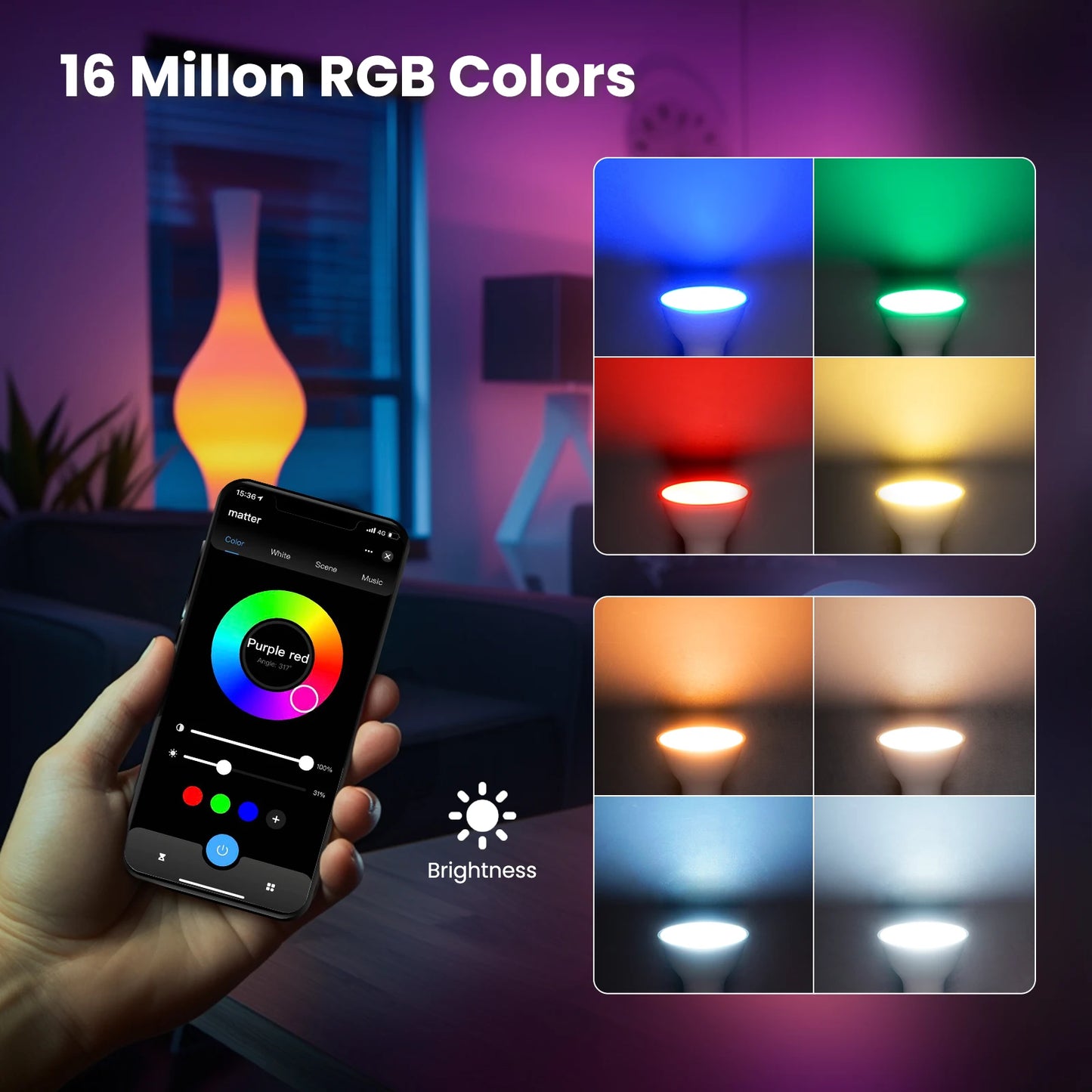 Lâmpada Inteligente MOES Tuya Matter GU10 - Controle por Voz e 16 Milhões de Cores