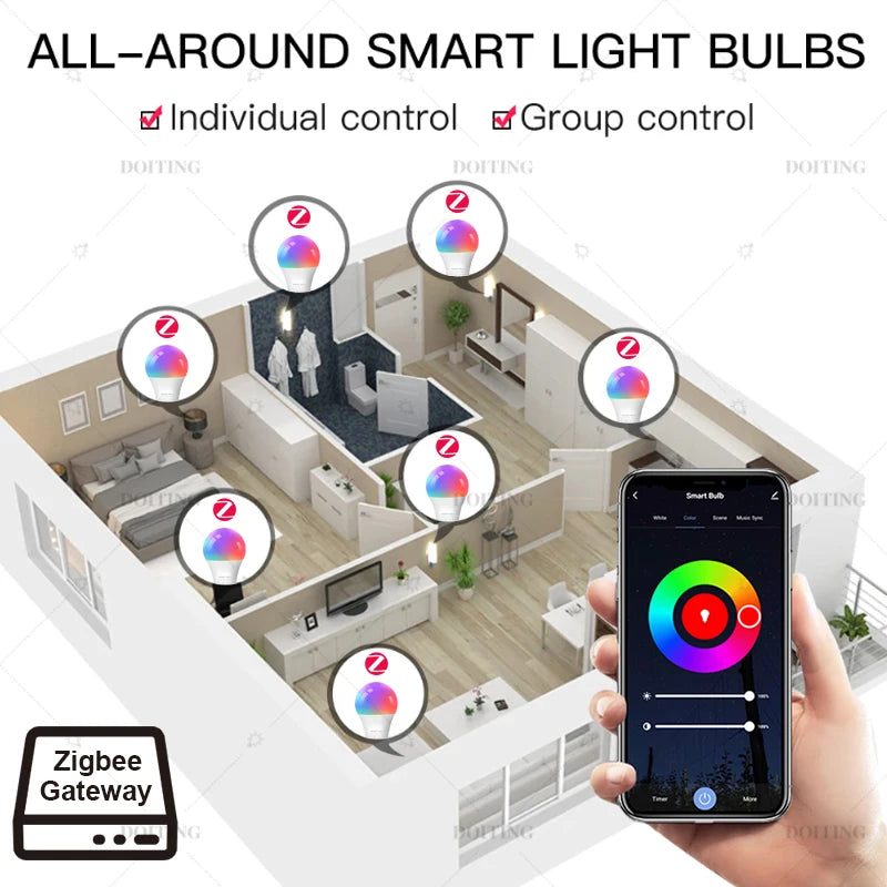 Lâmpada Inteligente Zigbee 3.0 E27/B22 RGBCW - Controle por Voz com Alexa e Google Home