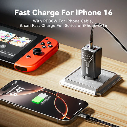 Carregador KUULAA 65W GaN - Carregamento Rápido 4.0 e 3.0 para iPhone 15, 14, 13 Pro Max e Laptops