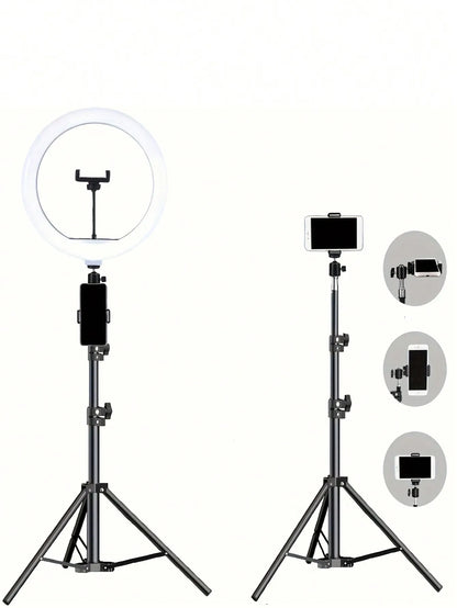 Tripé de 110cm com O-clip e Luz de Anel para Streaming de 10 Polegadas