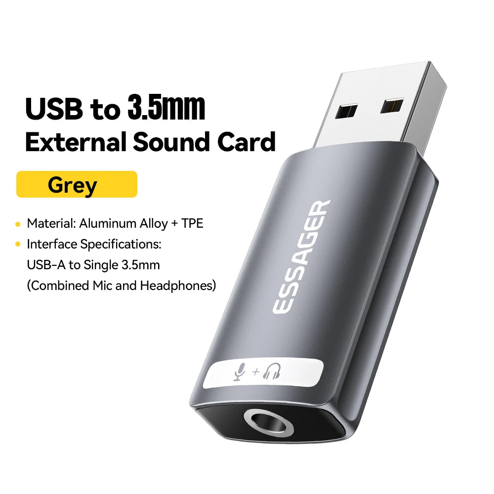 Adaptador de Áudio USB Essager para Fones de Ouvido e Microfone 3.5mm