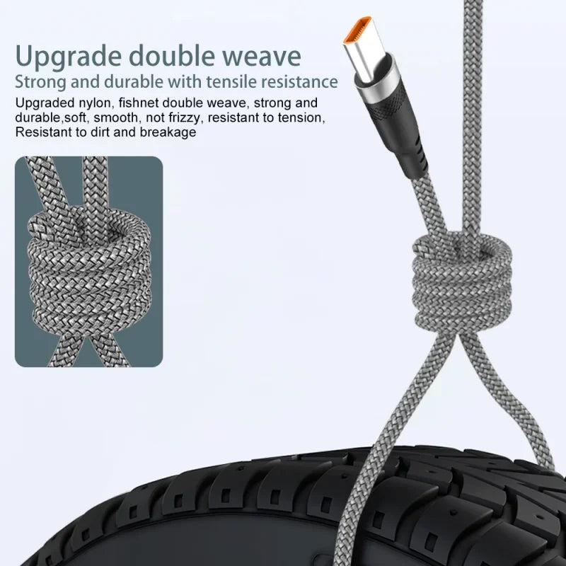 Cabo de Carregamento USB A para Type C 6A - Nylon, Rápido e Durável