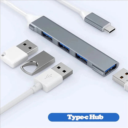 Adaptador USB Type C HUB Mini 4 em 1 - Splitter de Alumínio para Samsung, MacBook e Notebooks