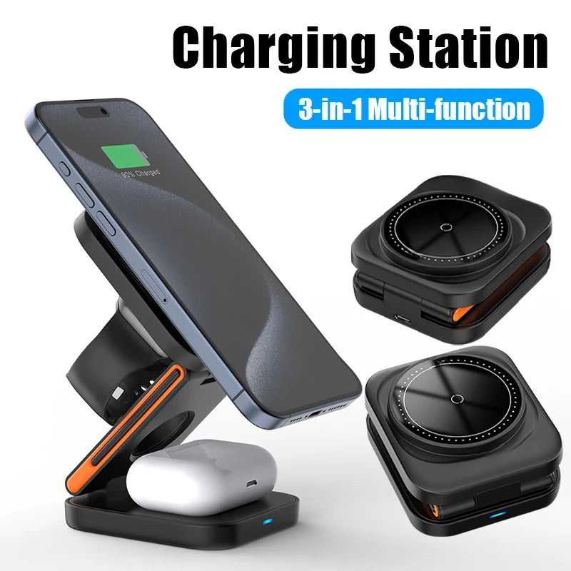 Estação de Carregamento 3 em 1 Dobrável com Carregador Sem Fio Magnético Rápido para iPhone, Apple Watch e AirPods