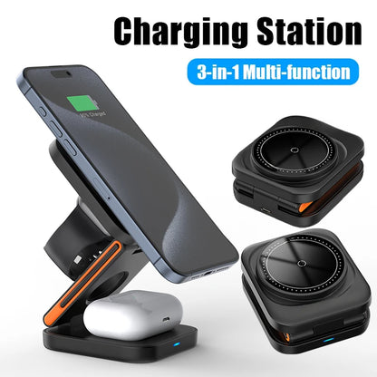 Estação de Carregamento 3 em 1 Dobrável com Carregador Sem Fio Magnético Rápido para iPhone, Apple Watch e AirPods