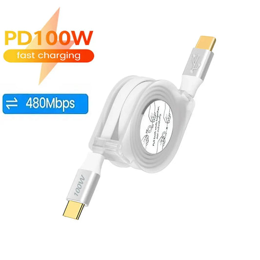 Cabo Retrátil PD 100W USB-C para iPhone 15 Pro Max, MacBook e Samsung
