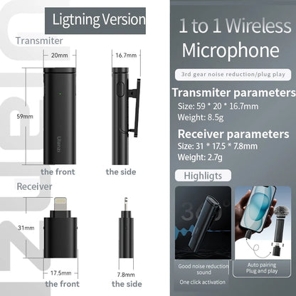 Microfone Lavalier Sem Fio Ulanzi WM-10 - Conexão USB-C para Android e iPhone