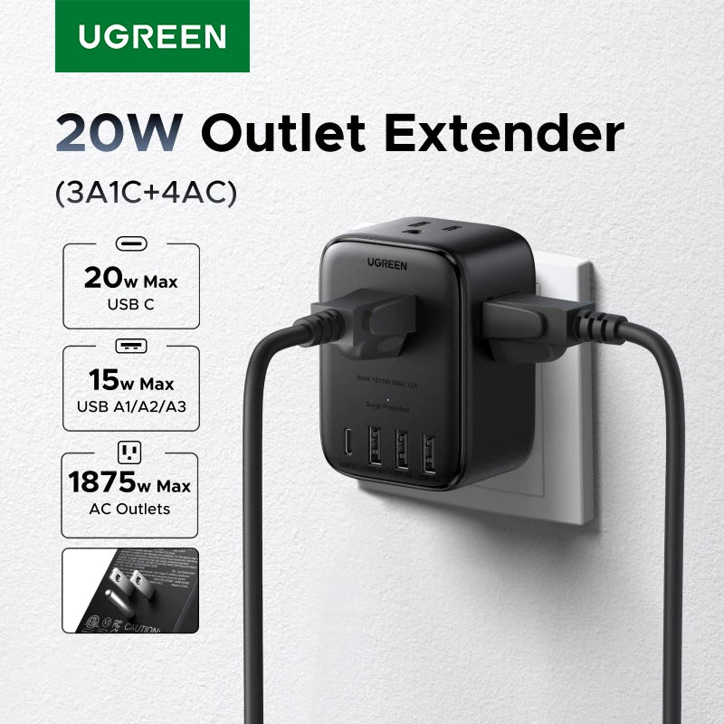 UGREEN Extensor de Tomadas 20W - 4 Tomadas AC, 3 USB-A e 1 USB-C
