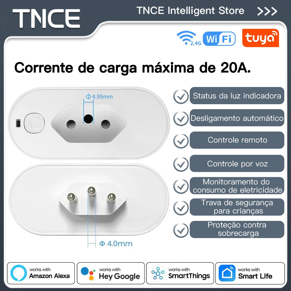 Adaptador TNCE Tuya Brasil 16/20A - Tomada Inteligente com Monitoramento de Energia