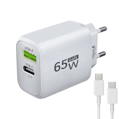 Carregador Rápido PD 65W GaN 2 em 1 - Plugue EU com Duas Portas USB Type C