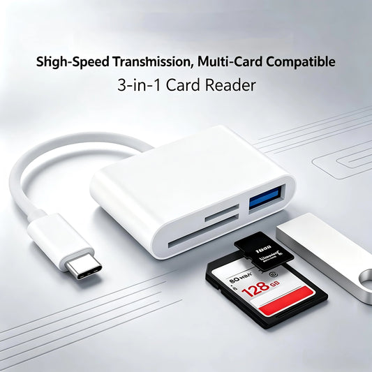 Adaptador 3 em 1 Type-C - Leitor de Cartão de Memória TF/SD de Alta Velocidade