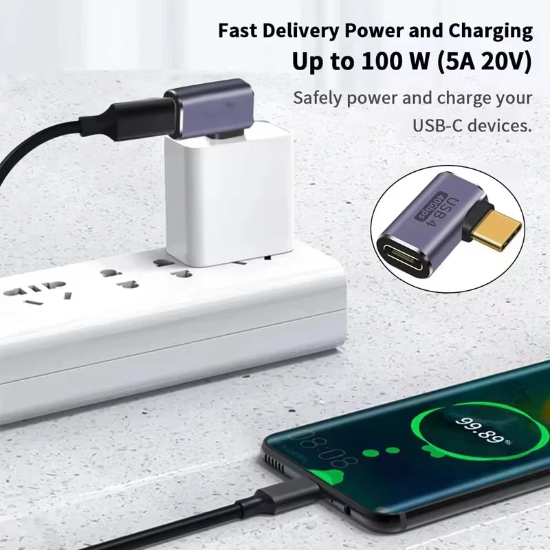 Adaptador USB4.0 40Gbps OTG USB-C 90 Graus - Conversor Rápido de Carregamento 100W 5A