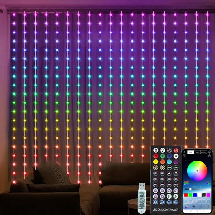 Cortina de Luzes LED RGB 3M com Controle APP - Decoração Natalina e Festiva