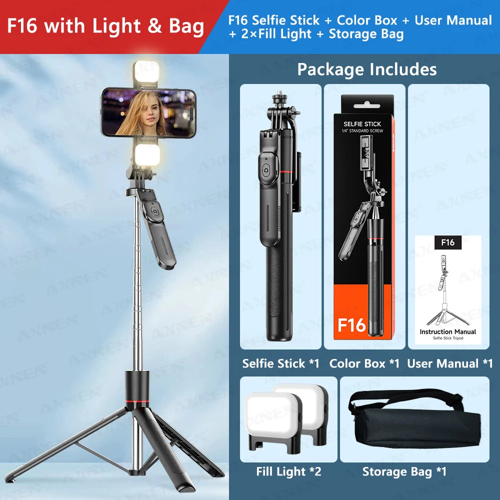 F16 Bastão de Selfie Tripé com 1708mm de Comprimento, 8 Seções, Controle Remoto Bluetooth, Rotação 360°, Interface 1/4 para Câmera de Smartphone e Vlog
